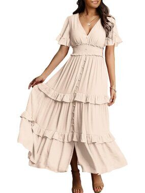 Boho V Neck Long Sleeve Maxi Dress - Flowy Fall Wedding Guest & Engagement Dress
